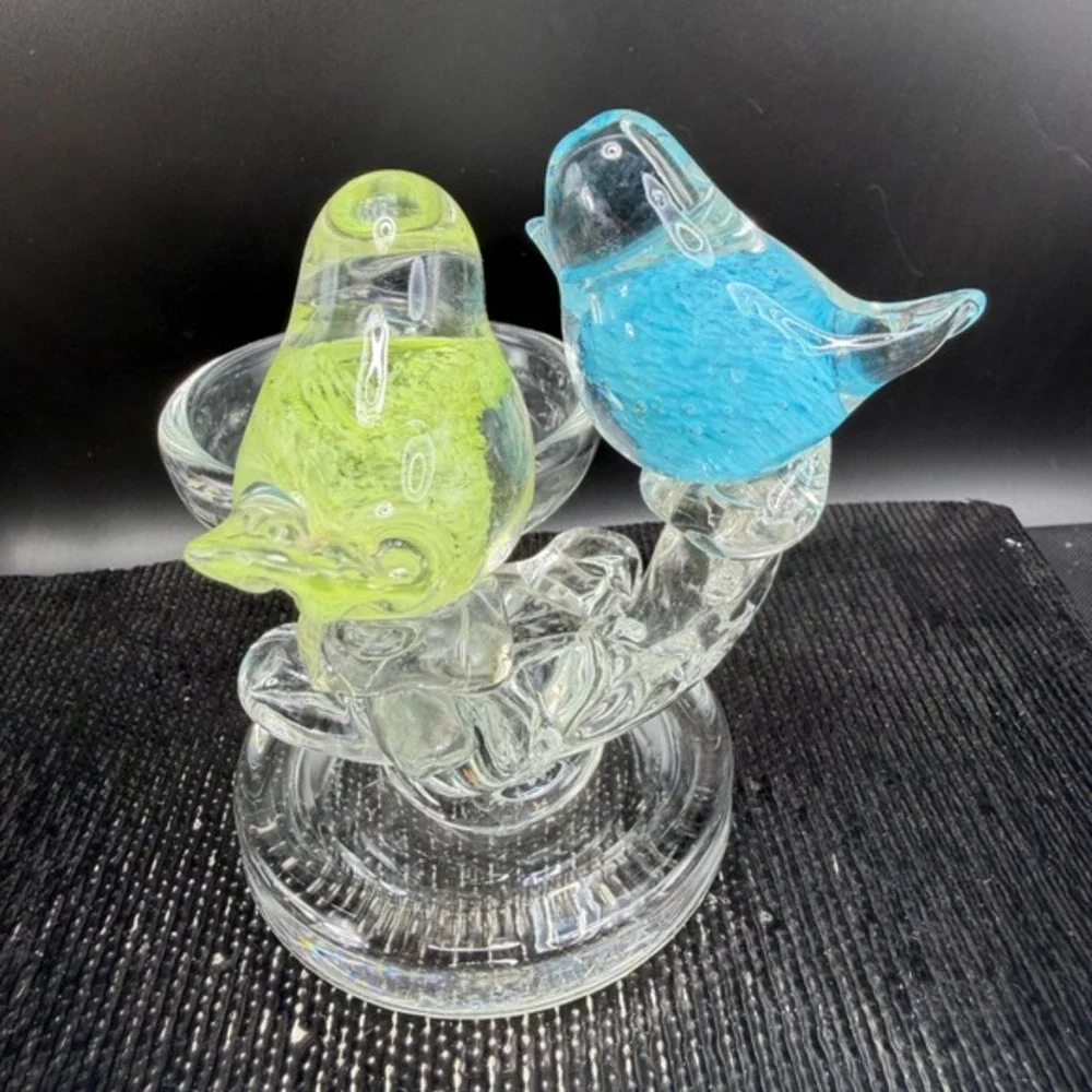 Glass Two Birds Figurine Candle Holder Trinket Dish Blue Green Controlled Bubble